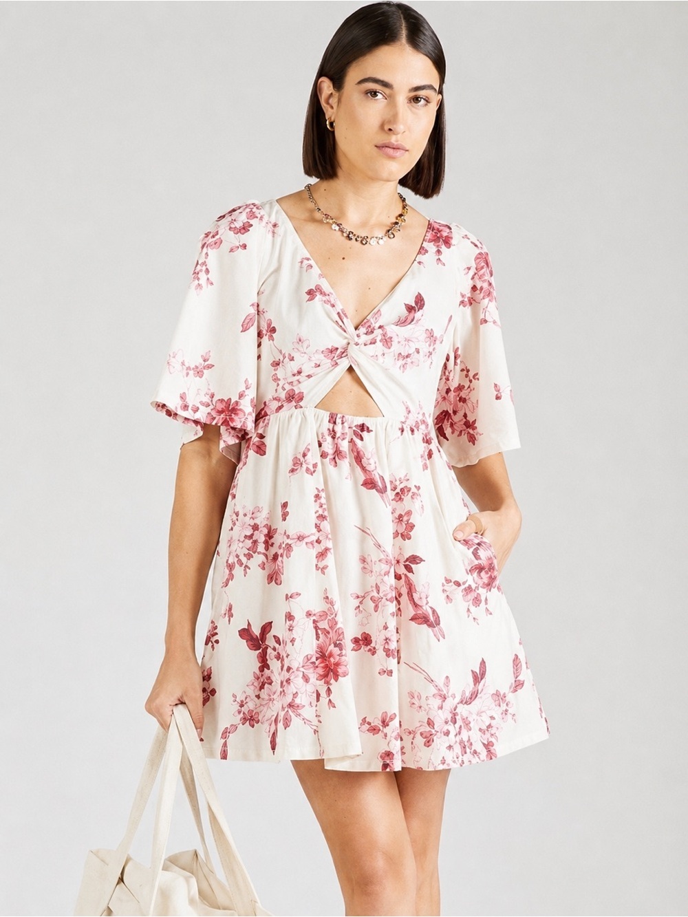 Abercrombie & Fitch Floral Twist-Front Mini Dress in White and Rose